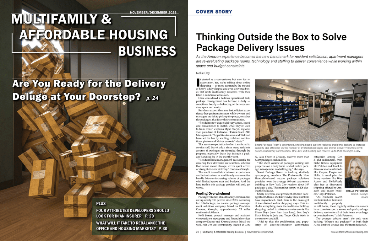 Smart Package Room system highlighted in Multifamily & Affordable Housing Business magazine as a modern package management solution with secure open shelving that maximizes capacity.