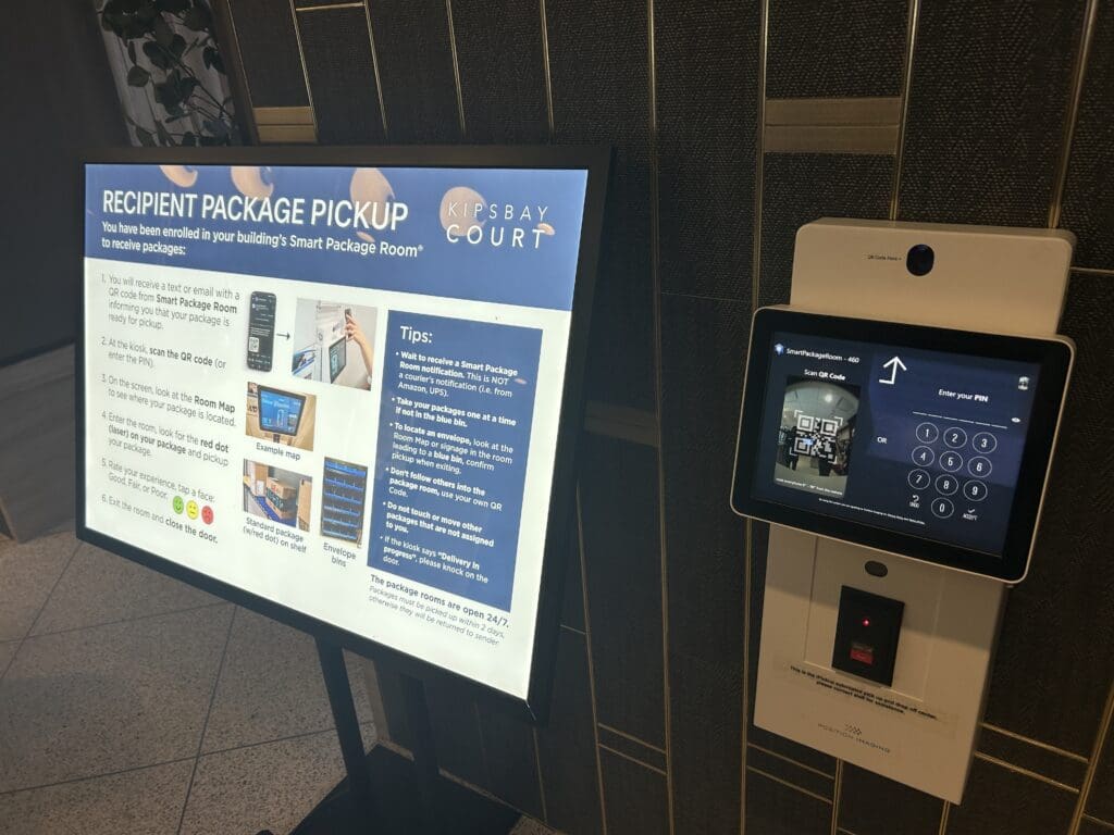 Smart Package Room kiosk and resident pickup instructions at Kips Bay Court, showing how to streamline package delivery in residential buildings with guided, automated access.