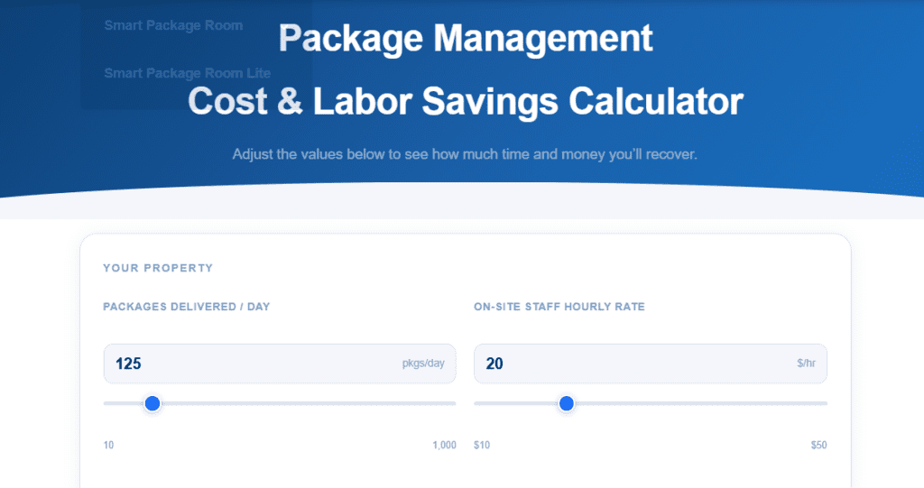 Smart Package Room cost and labor savings calculator showing inputs for packages delivered and on-site staff hourly rate