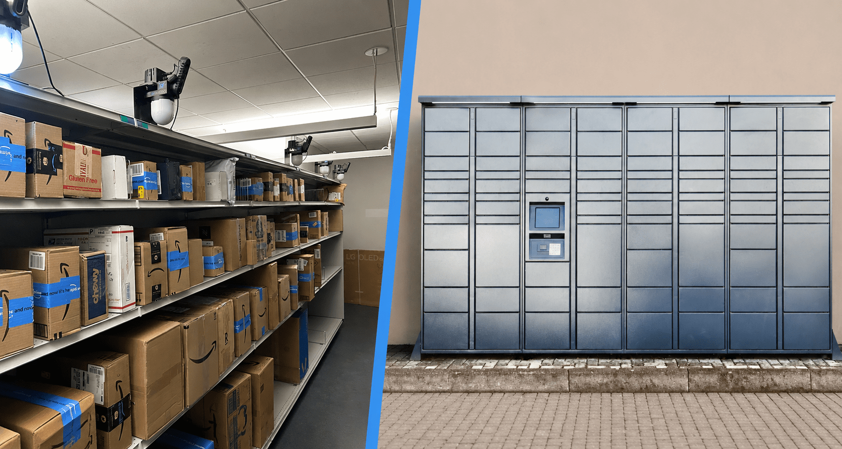 IMG_5127 Split comparison of a Smart Package Room shelving system and traditional package lockers in a multifamily property
