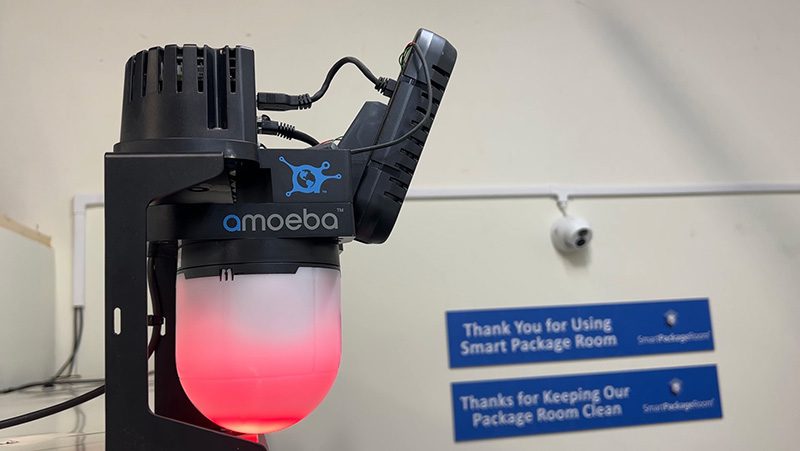 Amoeba Module computer vision unit glowing red as it tracks packages to help prevent porch piracy.
