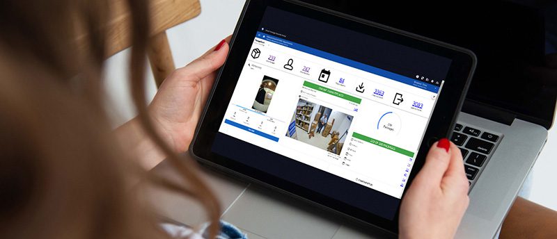 Smart Package Room system dashboard showing package counts and delivery activity on a tablet